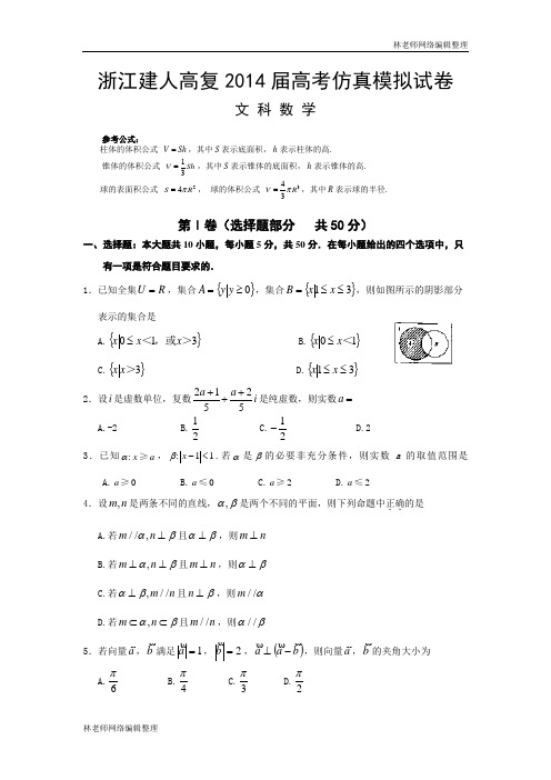 数学文卷·2014届浙江省建人高复高三下学期高考仿真模拟试卷 (2014.05)