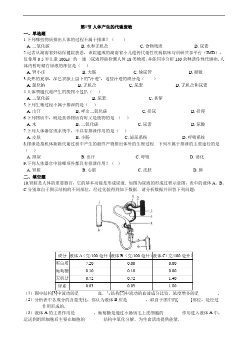 生物北师大版七年级下册第11章人体代谢废物的排出第1节  《人体产生的代谢废物》同步测试2