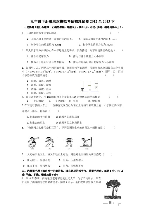 九年级下册第三次模拟考试物理试卷2012至2013下