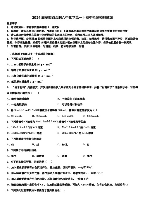 2024届安徽省合肥六中化学高一上期中检测模拟试题含解析