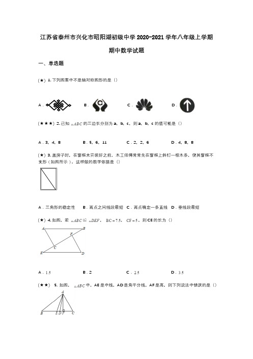 江苏省泰州市兴化市昭阳湖初级中学2020-2021学年八年级上学期期中数学试题(wd无答案)