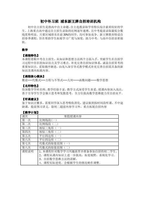 浦东初中数学自招培训班 新王牌培训机构寒假教学计划