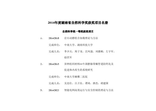 2014湖南自然科学奖获奖项目名册