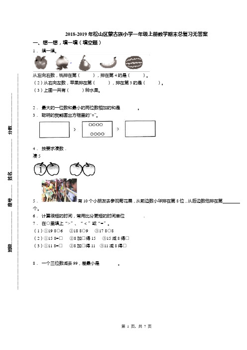 2018-2019年松山区蒙古族小学一年级上册数学期末总复习无答案