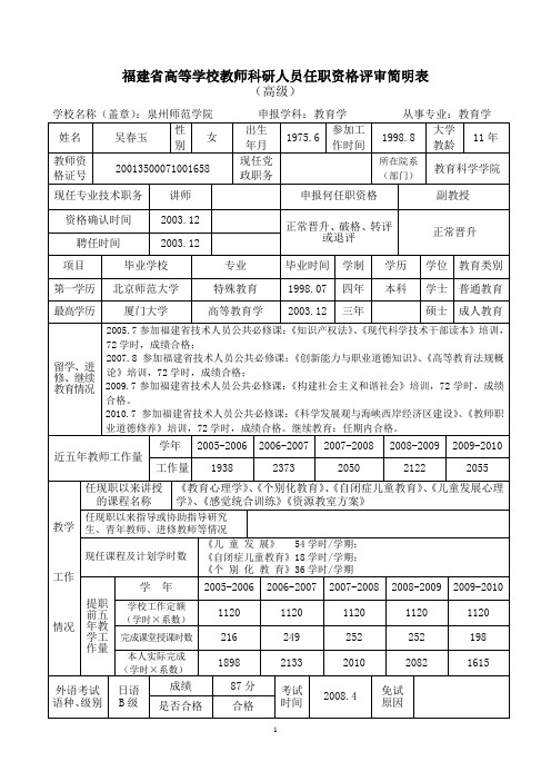 福建高等学校教师科研人员任职资格评审简明表