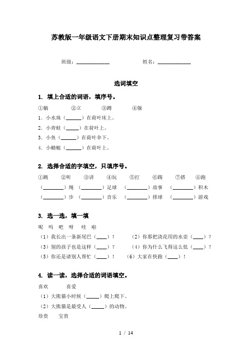 苏教版一年级语文下册期末知识点整理复习带答案