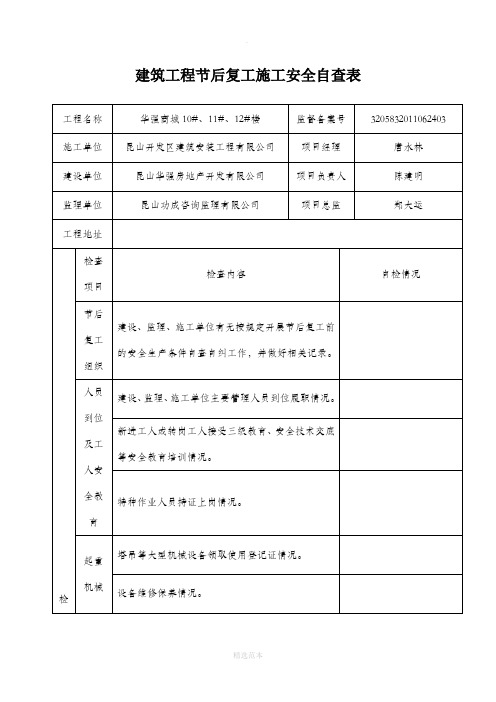 房屋建筑工程节后复工施工安全自查表