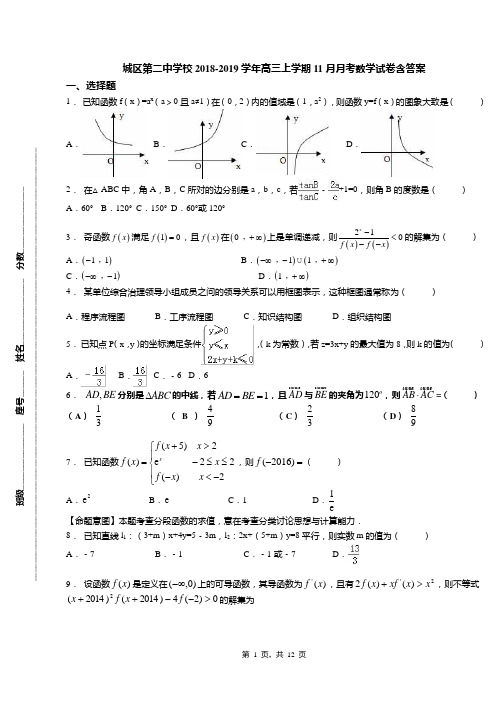 城区第二中学校2018-2019学年高三上学期11月月考数学试卷含答案(1)