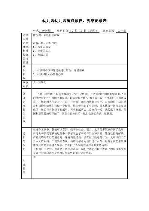 幼儿园幼儿园游戏预设、观察记录表-橡皮泥、彩纸自主游戏