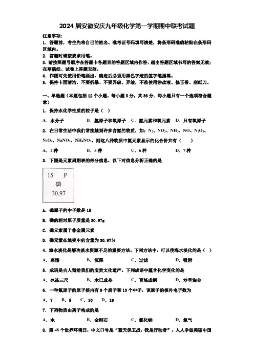 2024届安徽安庆九年级化学第一学期期中联考试题含解析