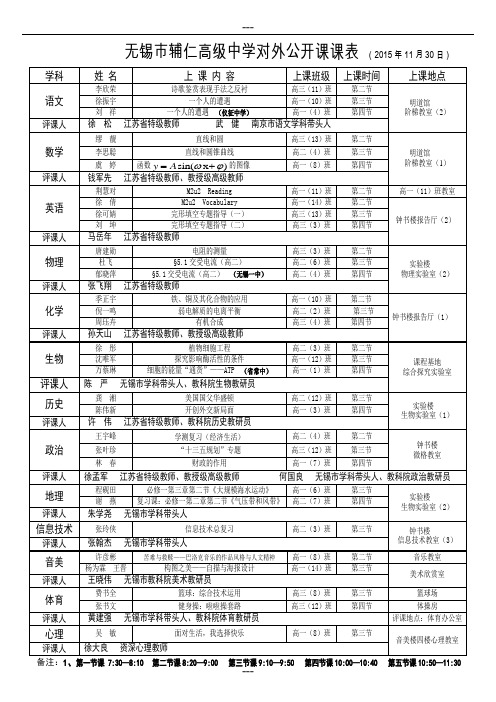 无锡市辅仁高级中学对外公开课课表 (2015年11月30日)