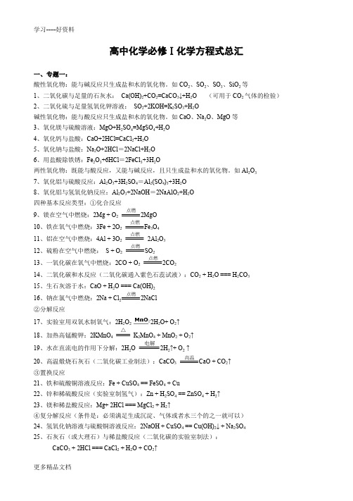 苏教版高中化学必修化学方程式大全汇编