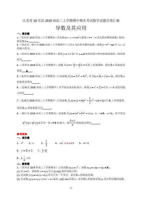 江苏省18市县高三上学期期中期末考试数学试题分类汇编:导数及其应用