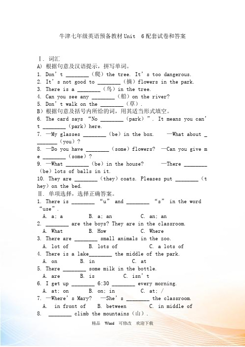 牛津七年级英语预备教材Unit 6配套试卷和答案