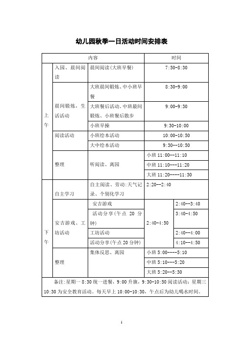 幼儿园秋季一日活动时间安排表