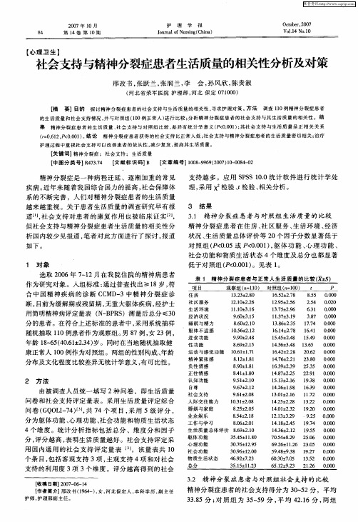 社会支持与精神分裂症患者生活质量的相关性分析及对策