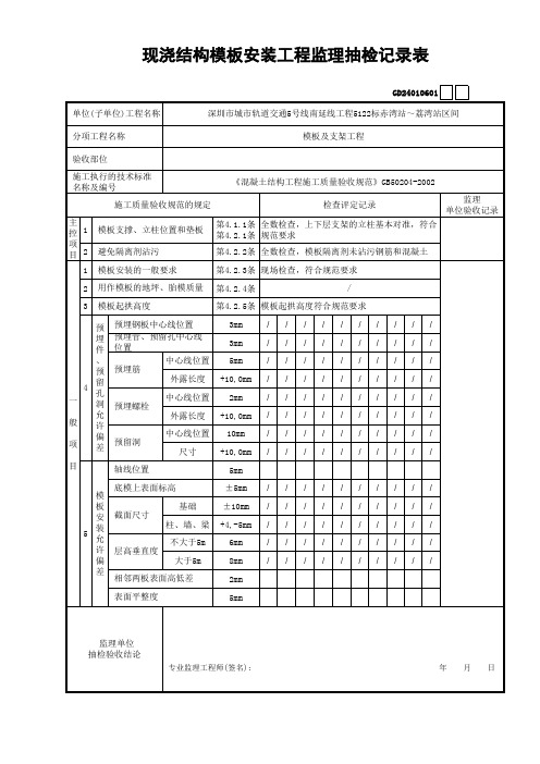 现浇结构模板安装工程监理抽检记录表