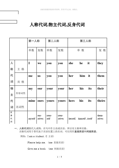 人称代词,物主代词和反身代词表格