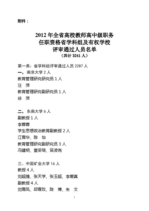 2012年江苏省高校教师高中级职务任职资格评审通过人员名单