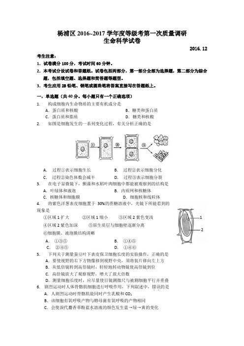 上海市杨浦区2017年高三第一学期期末(生物高考等级考一模)学科质量检测生命科学试题及答案