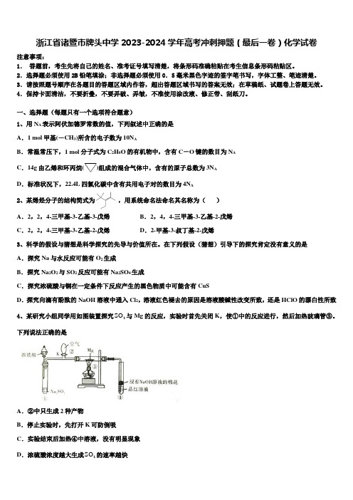 浙江省诸暨市牌头中学2023-2024学年高考冲刺押题(最后一卷)化学试卷含解析