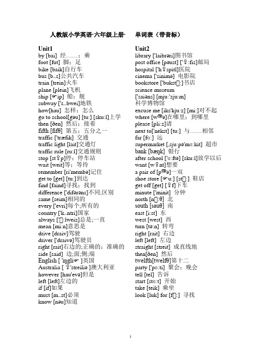 人教版小学英语六年级单词上册(带音标)