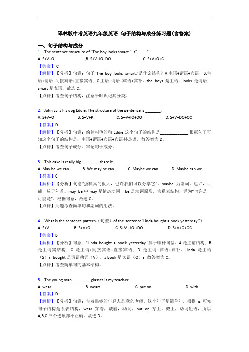 译林版中考英语九年级英语 句子结构与成分练习题(含答案)