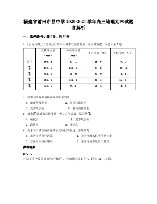 福建省莆田市县中学2020-2021学年高三地理期末试题含解析