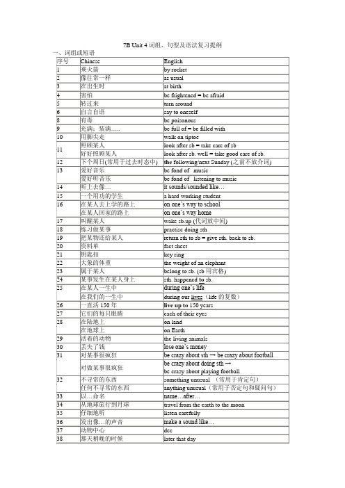 7B Unit 4词组、句型及语法复习提纲