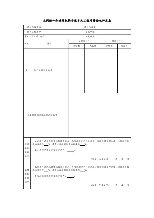 主阀附件和操作机构安装单元工程质量验收评定表