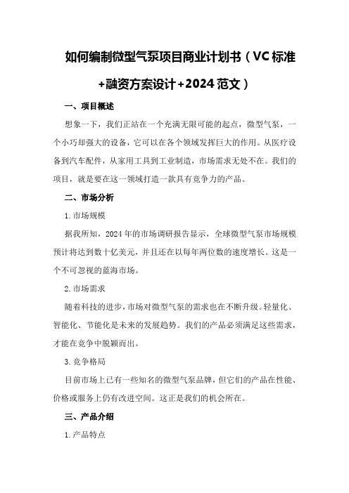 如何编制微型气泵项目商业计划书(VC标准+融资方案设计+2024范文