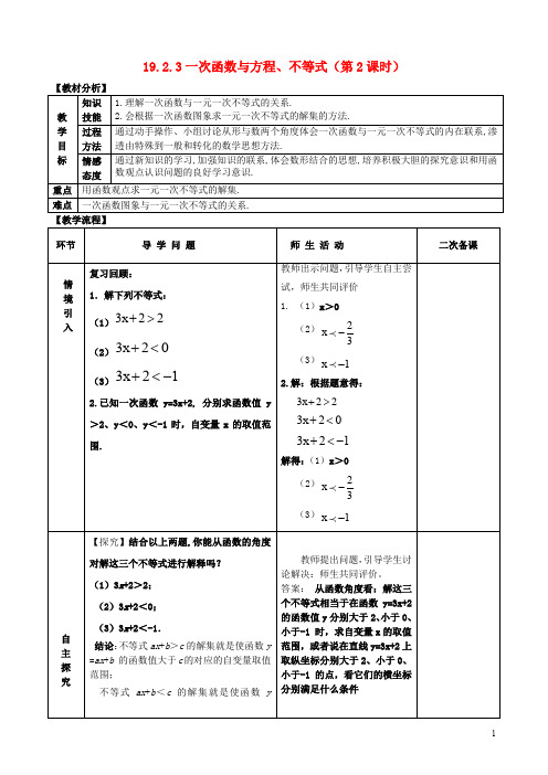 八年级数学下册 19.2.3 一次函数与方程、不等式(第2课时)教案 (新版)新人教版