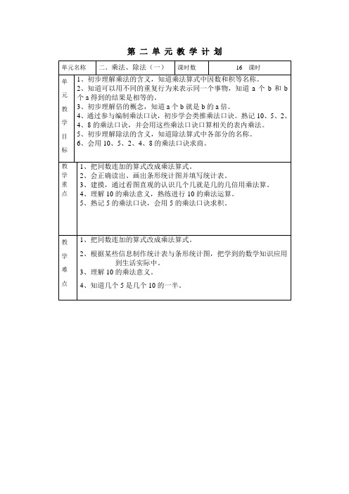 二年级第一学期数学第二单元教学计划