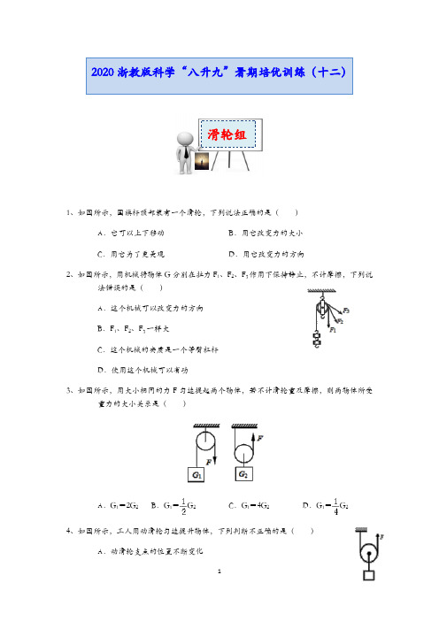 2020浙教版科学八升九暑期培优训练(十二)滑轮组(含答案)