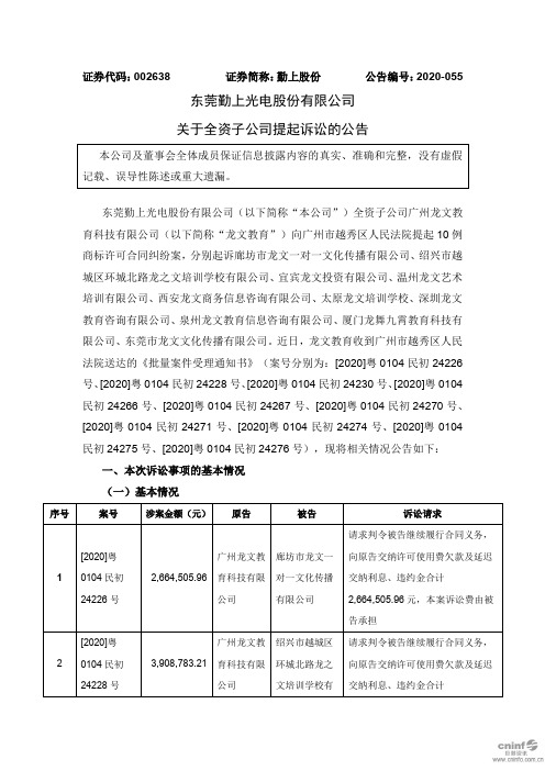 勤上股份：关于全资子公司提起诉讼的公告