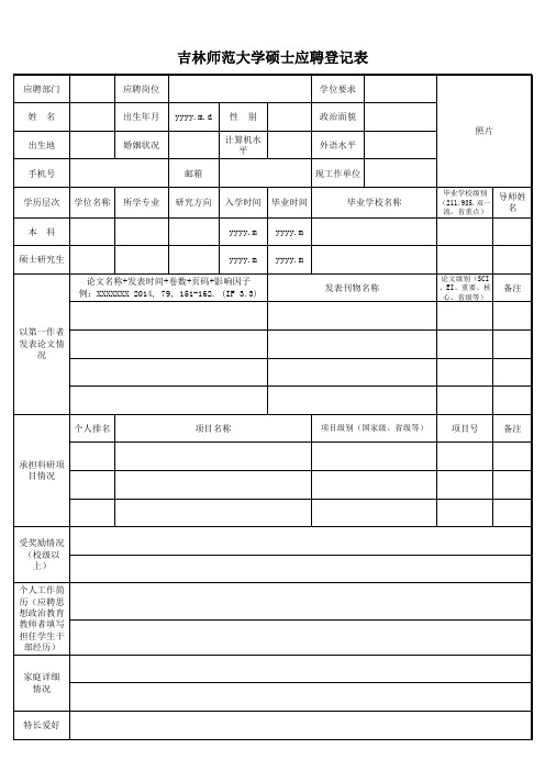 吉林师范大学硕士毕业生应聘登记表