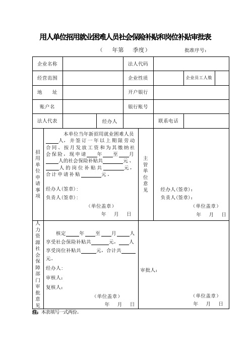 用人单位招用就业困难人员社会保险补贴和岗位补贴审批表