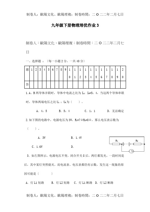 九年级物理下学期培优作业3  试题