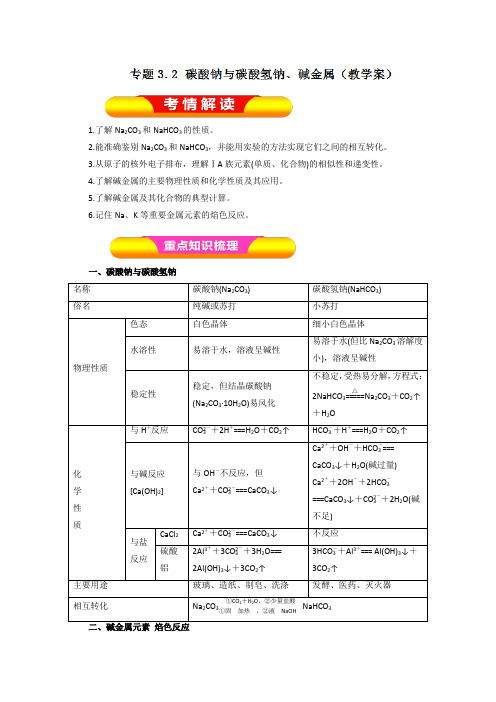 2019年高考化学一轮复习精品导学案：专题3.2 碳酸钠与碳酸氢钠、碱金属(解析版)