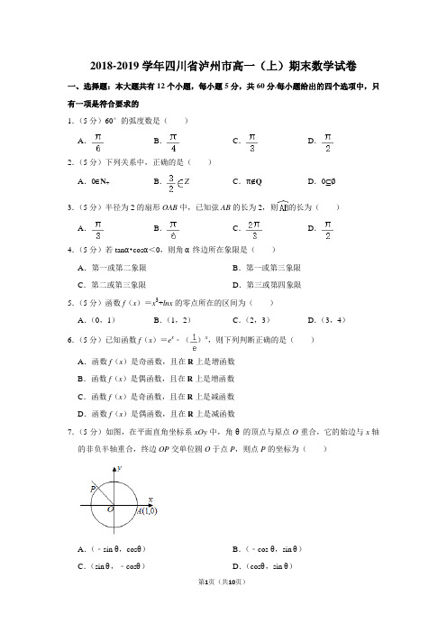 2018-2019学年四川省泸州市高一(上)期末数学试卷