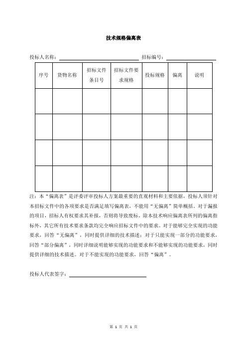 技术规格偏离表(2023年)