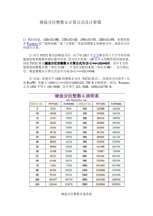 硬盘分区整数G计算公式及计算器