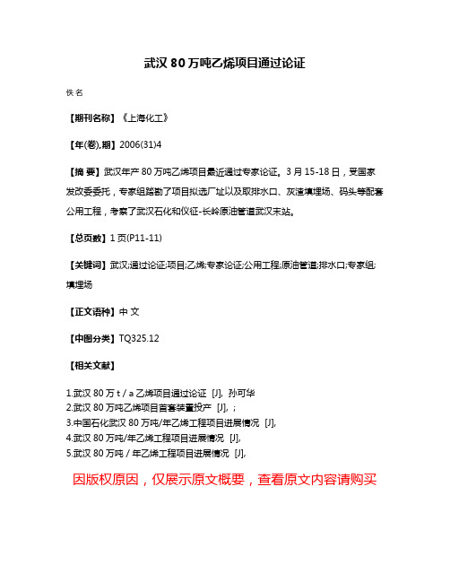 武汉80万吨乙烯项目通过论证