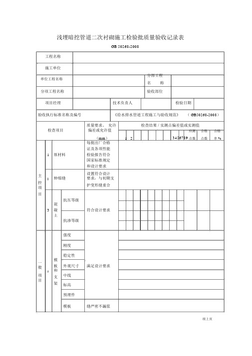 浅埋暗挖管道二次衬砌施工检验批质量验收记录