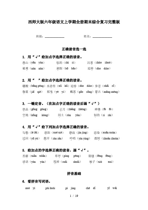 西师大版六年级语文上学期全册期末综合复习完整版