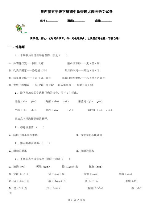 陕西省五年级下册期中易错题大闯关语文试卷