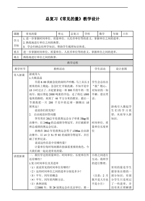 北师大版六年下总复习第九课时《常见的量》(教案)