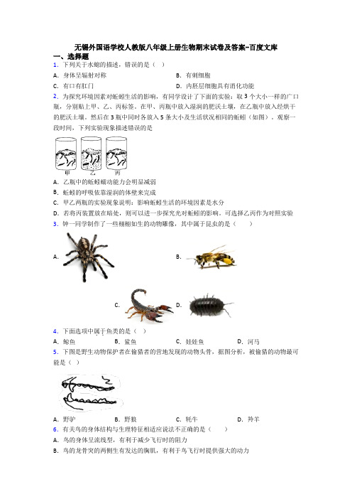 无锡外国语学校人教版八年级上册生物期末试卷及答案-百度文库