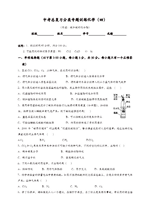 【精品】(人教版)初中化学中考专题4《碳和碳的化合物》综合检测