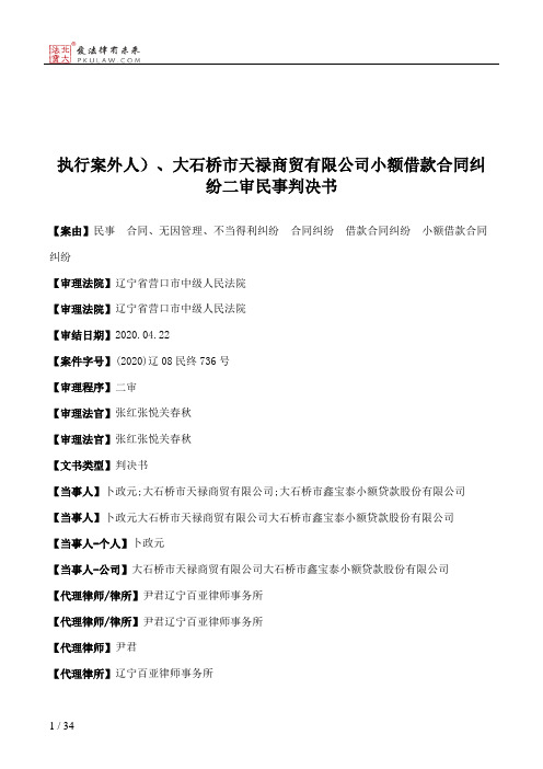 执行案外人）、大石桥市天禄商贸有限公司小额借款合同纠纷二审民事判决书